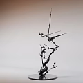 Metal Sculpture Carving With Two Birds On Branches Buds And Black Round Base