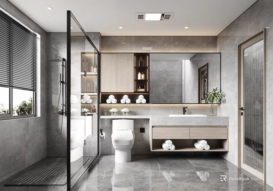 Modern Bathroom Interior With Glass Shower Large Mirror Gray Tiles And Double Vanity 3d model 
