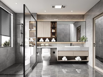Modern Bathroom Interior With Glass Shower Large Mirror Gray Tiles And Double Vanity 3d model