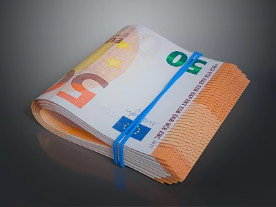 Bundled Stack of 50 Euro Banknotes Secured with Blue Strap 3d model