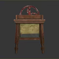 Vintage Wooden Desk With Red Wheel Pump Mechanism And Decorative Details