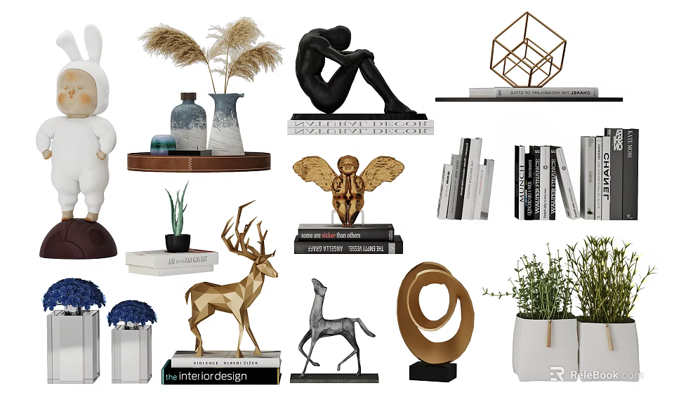 Home Decorative Ornament Set Including Animal Figurines Abstract Sculptures Plants Books and Geometric Decor 3d model 