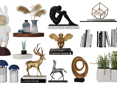 Home Decorative Ornament Set Including Animal Figurines Abstract Sculptures Plants Books and Geometric Decor 3d model