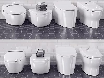 White Toilets With Various Designs On Hexagonal Tile Floor And Stacked Towels 3d model