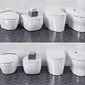 White Toilets With Various Designs On Hexagonal Tile Floor And Stacked Towels