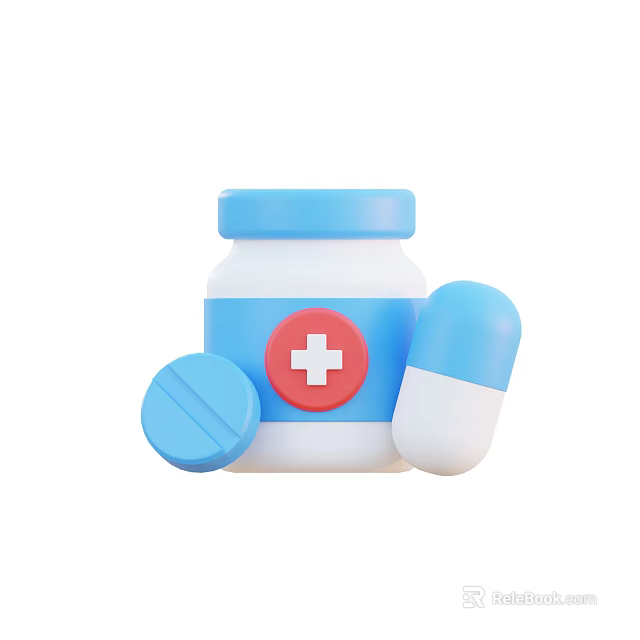 White Medicine Bottle With Blue Cap Red Cross Blue Tablet And Blue And White Capsule 3d model 
