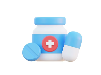 White Medicine Bottle With Blue Cap Red Cross Blue Tablet And Blue And White Capsule 3d model