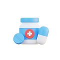 White Medicine Bottle With Blue Cap Red Cross Blue Tablet And Blue And White Capsule