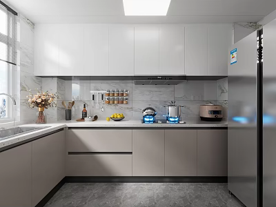 Modern Kitchen With White Cabinets Gray Countertops And Stainless Steel Appliances 3d model