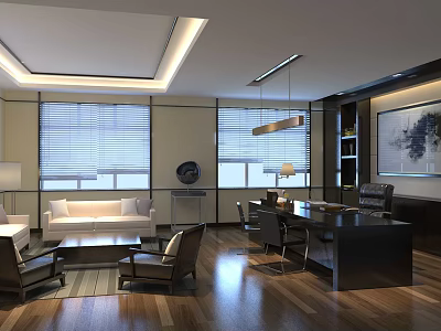 Modern Spacious Office Interior With Sofa Desk Chairs Blinds Pendant Light And Wooden Flooring 3d model