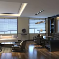 Modern Spacious Office Interior With Sofa Desk Chairs Blinds Pendant Light And Wooden Flooring
