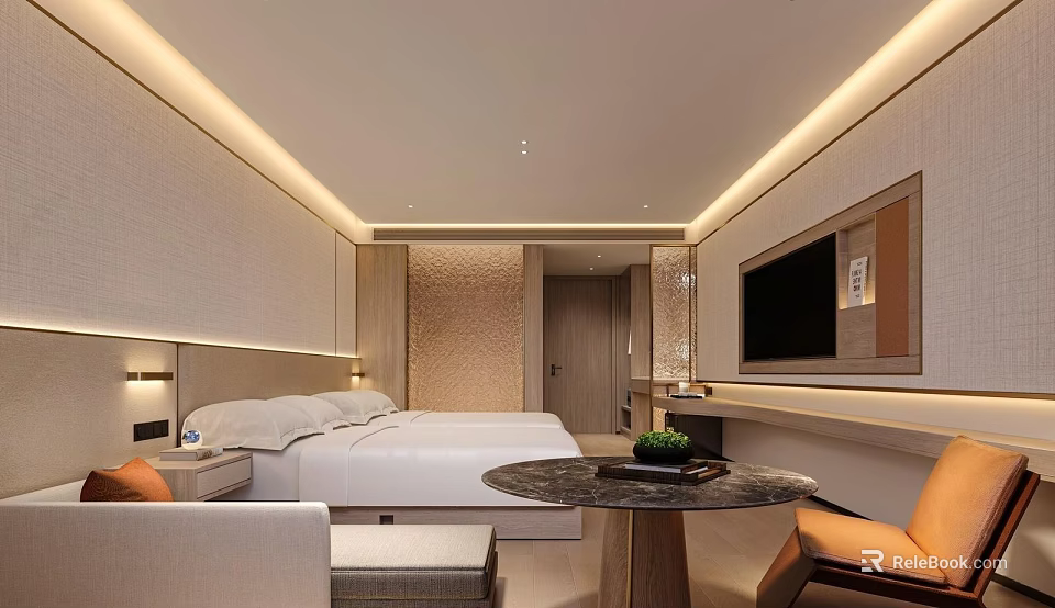 Modern Hotel Room Interior With King Bed TV Table And Soft Lighting 3d model 