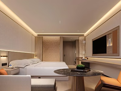 Modern Hotel Room Interior With King Bed TV Table And Soft Lighting 3d model