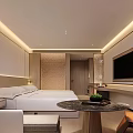 Modern Hotel Room Interior With King Bed TV Table And Soft Lighting