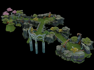 Vibrant Cartoon Scene With Rocky Terrain Lush Greenery Winding Pathways And Pink Cherry Blossom Trees 3d model