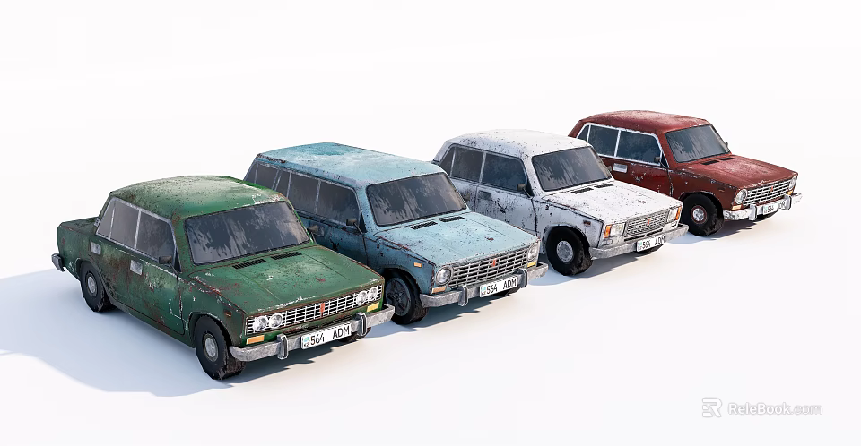 Vintage Old Cars in Four Different Colors Green Blue White Red 3d model 