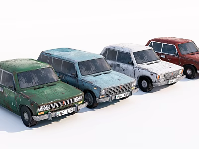 Vintage Old Cars in Four Different Colors Green Blue White Red 3d model