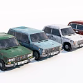 Vintage Old Cars in Four Different Colors Green Blue White Red