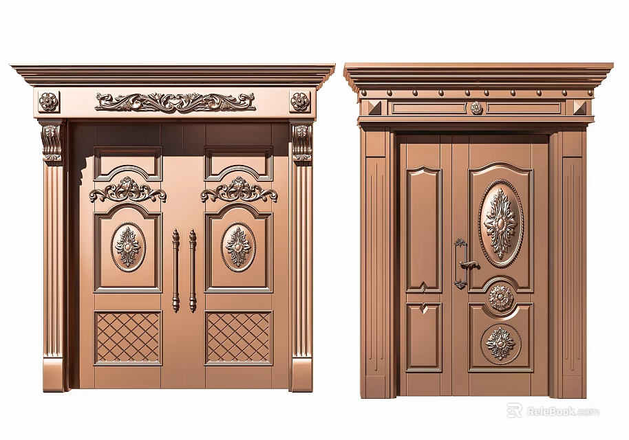 Bronze Entry Door Design With Carved Patterns Ornate Columns And Decorative Frames 3d model