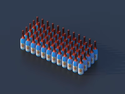Neatly Arranged Blue Wine Bottles With Red Caps And Labels On Dark Background 3d model