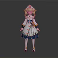 Anime Character With Blonde Twin Ponytails White Dress Blue Gold Accents Ruffled Cuffs Bow Shoes