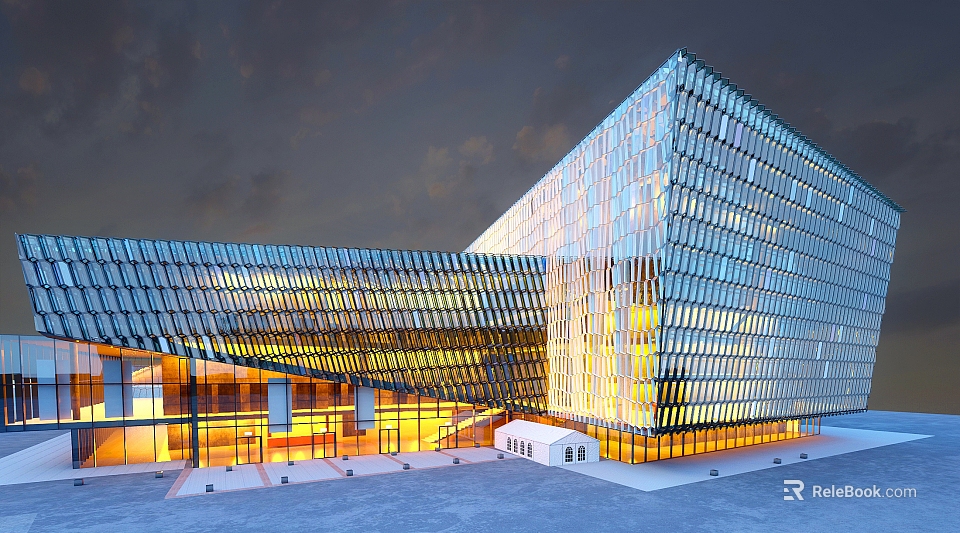 Modern Architecture Exterior With Glass Curtain Wall And Geometric Design Illuminated At Night 3d model 