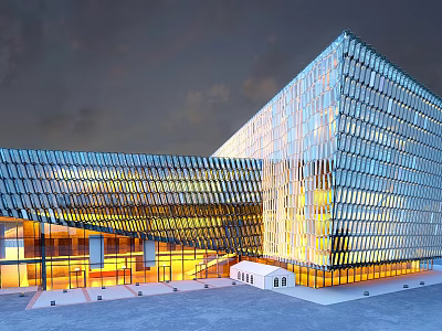 Modern Architecture Exterior With Glass Curtain Wall And Geometric Design Illuminated At Night 3d model