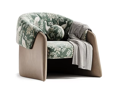 Elegant Green Floral Armchair With Round Cushion And Gray Throw Blanket 3d model