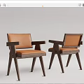 Two Modern Dining Chairs With Armrests Wooden Frame And Brown Leather Upholstery