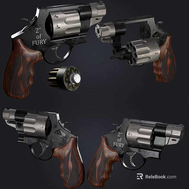FURY Revolver Weapon With Wooden Grips And Cylinder Shown In Multiple Angles 3d model 