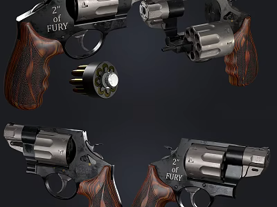 FURY Revolver Weapon With Wooden Grips And Cylinder Shown In Multiple Angles 3d model