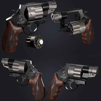 FURY Revolver Weapon With Wooden Grips And Cylinder Shown In Multiple Angles 3d model