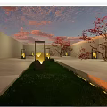 Modern Outdoor Lights in Courtyard with Evening Sky Red Trees and Lawn