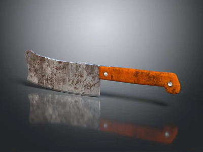 Vintage Rusty Kitchen Cleaver With Orange Wooden Handle On Reflective Surface 3d model