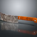 Vintage Rusty Kitchen Cleaver With Orange Wooden Handle On Reflective Surface