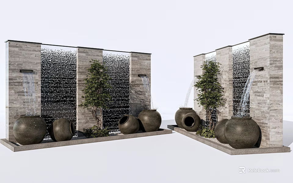Stone Feature Wall With Waterfall Decorative Urns And Small Trees In Garden 3d model