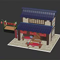 Cartoon Scene of Japanese Style Shop With Purple Roof Wooden Structure Red Signs and Tables