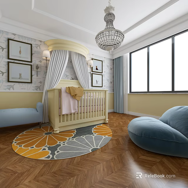 Cozy Baby Crib in Nursery with Chandelier Curtains Framed Pictures and Floral Rug 3d model 