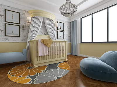 Cozy Baby Crib in Nursery with Chandelier Curtains Framed Pictures and Floral Rug 3d model