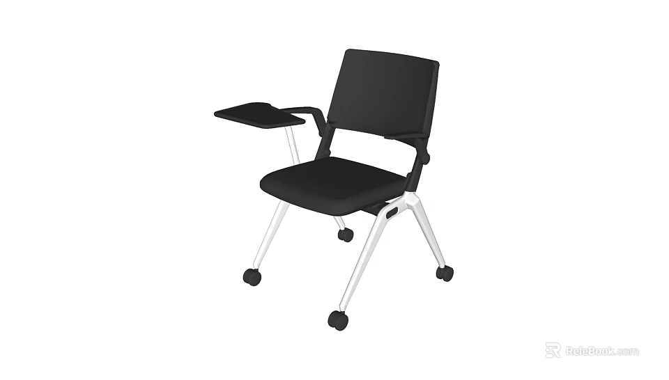 Black Office Chair With Modern Design Foldable Tablet Arm And Silver Wheels 3d model 