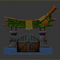 Decorative Scene Entrance Structure With Wooden Doors Stone Pillars Blue Base And Colorful Decorations