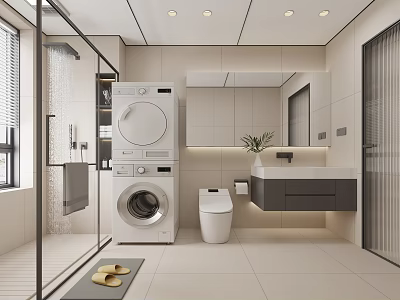 Modern Bathroom Interior With Stackable Washer Dryer Toilet Sink And Mirror 3d model