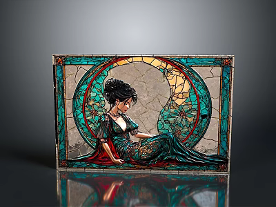 Art Nouveau Stained Glass Panel With Elegant Female Figure And Ornate Circular Patterns 3d model