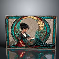 Art Nouveau Stained Glass Panel With Elegant Female Figure And Ornate Circular Patterns
