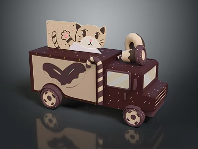 Wooden Toy Truck For Kids Featuring Cartoon Cat Design Donut Decoration And Butterfly Pattern 3d model