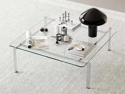Modern Glass Coffee Table With Transparent Top Metal Legs Magazines And Decor Items 3d model