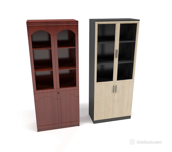 Dark Brown And Light Wood Bookcases With Arched Top Glass Doors And Cabinet Handles 3d model 