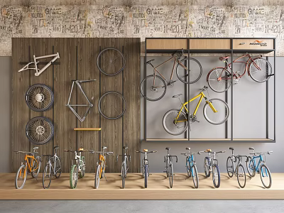 Various Bicycles Displayed on Wall Mounts and Shelves with Wheel Accents 3d model