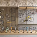 Various Bicycles Displayed on Wall Mounts and Shelves with Wheel Accents