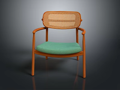 Stylish Leisure Chair With Wooden Frame Curved Armrests Rattan Backrest And Green Cushioned Seat 3d model